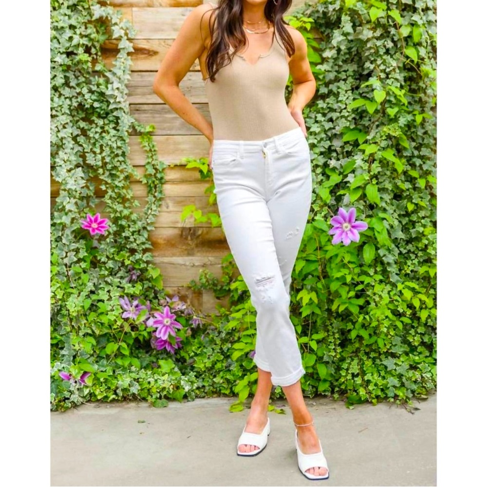 NWT JUDY BLUE Mid Rise Distressed Skinny Fit Jeans White 29
